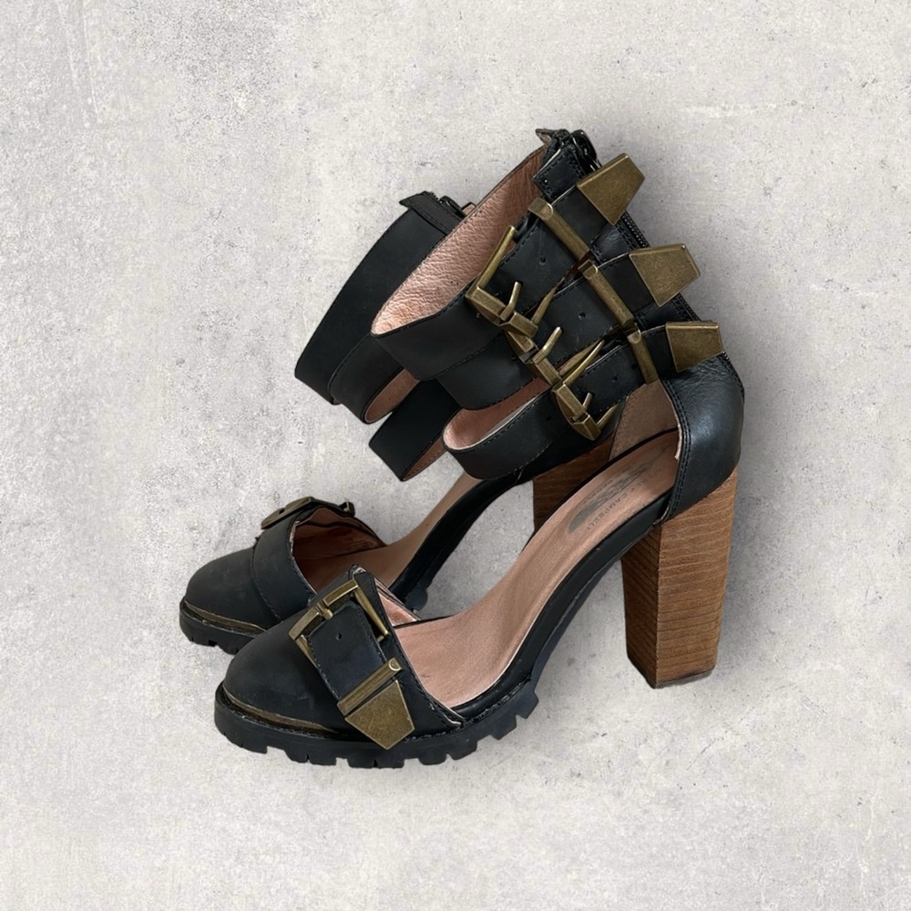 Jeffrey Campbell Free People Black Leather Wooden Heel Strappy Buckle Shoes
